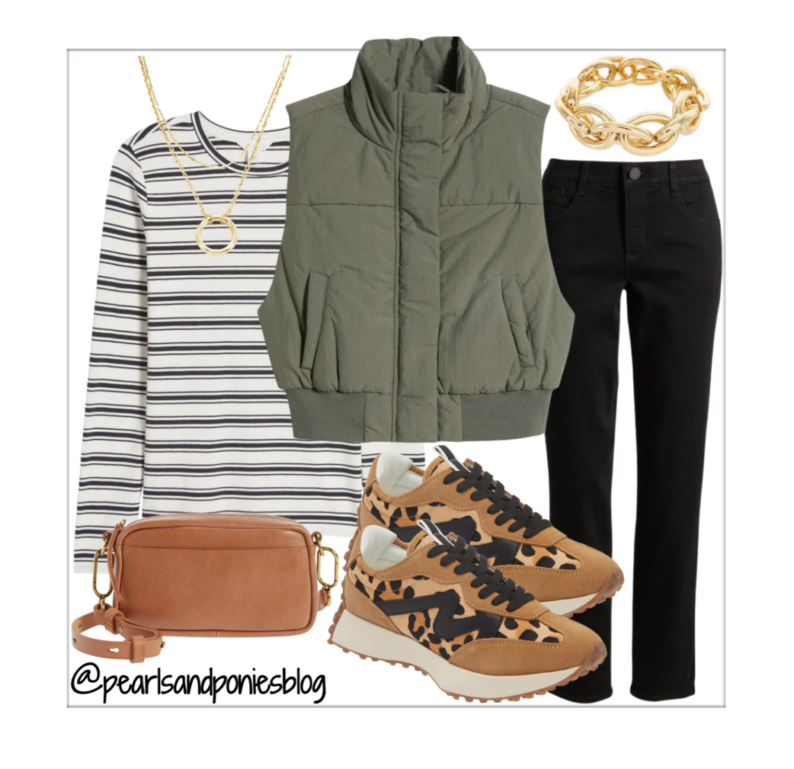 striped tee, olive vest, leopard sneakers